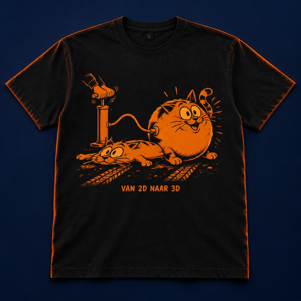 Zwart t-shirt met opdruk van een platte kat die wordt opgepompt tot een ronde 3D-kat